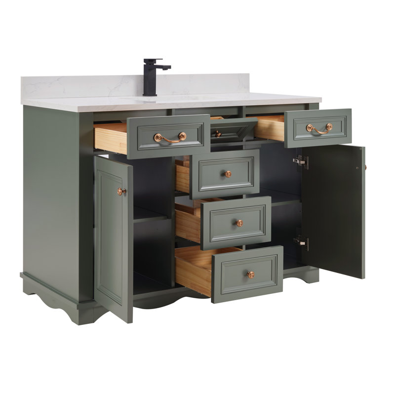 Meuble-lavabo simple 48 po en bois massif avec plateau en marbre d'ingénierie de 1 po, Étain, vert
