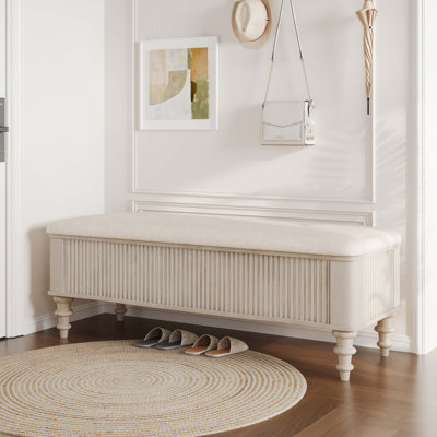 Banc de rangement avec repose-pieds en bois d'hévéa massif de 50,8 po avec siège en lin, banc de rangement pour chambre à coucher, range-chaussures pour chambre à coucher, salon, vestibule, garde-robe