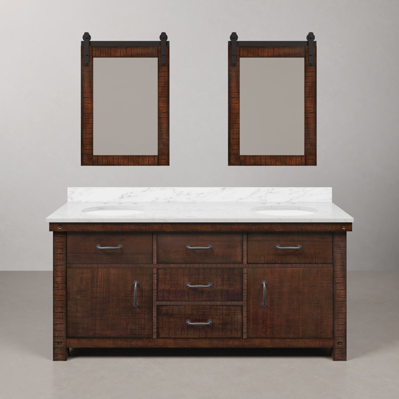 Aberdeen 60 In. Double Sink Carrara White Marble Countertop Vanity In Grizzle Gray With Mirrors, Carrara White, Rustic Sierra