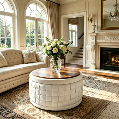 30" W Upholstered Round Storage Ottoman Coffee Table with Lid