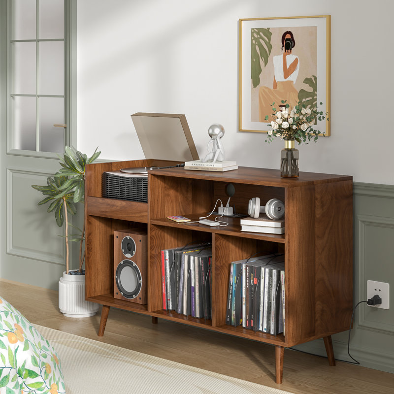 Support audio, support pour tourne-disque avec station de charge et ports USB, Noyer