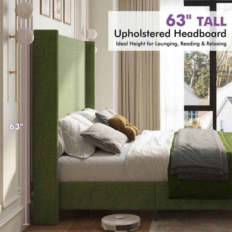 Crofford Queen Size Modern Corduroy Upholstered Bed with 63'' Tall Headboard & Solid Wood Legs, Green, Green, Queen
