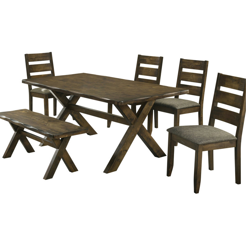 6 repas rustiques en noix de muscade noueuse, table rectangulaire, sièges rembourrés, banc pour les dîners de famille intimes muscade, chaises en bois, banc, 6 sièges confortablement à la maison