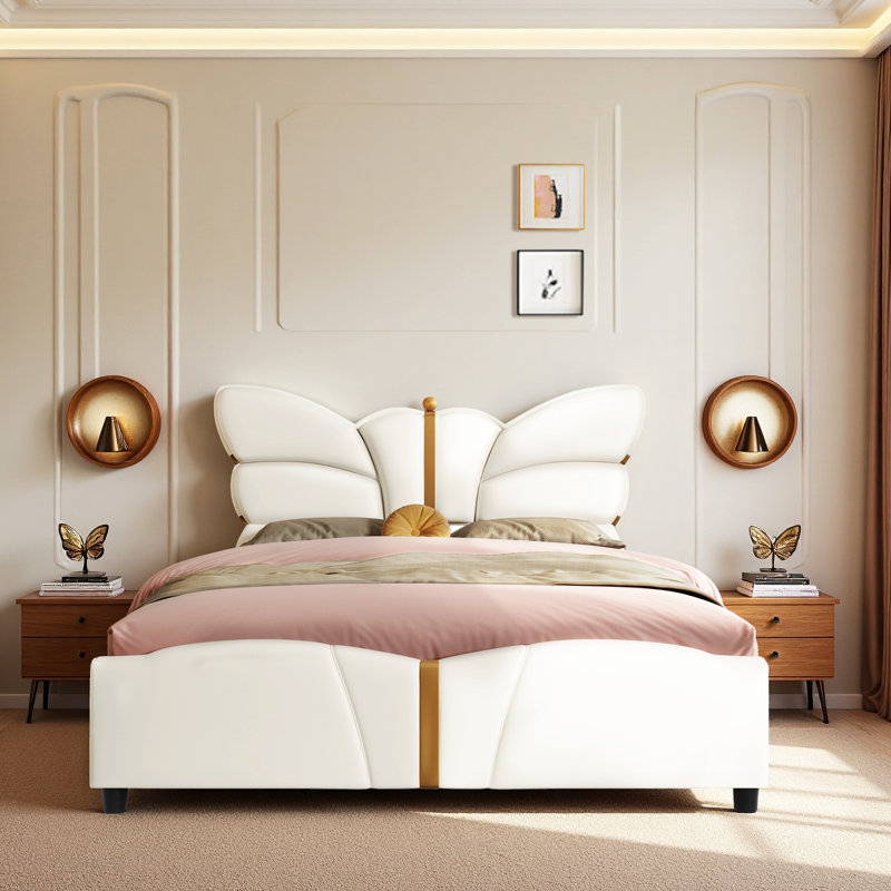 Leeandrew Butterfly-Shaped PU Leather Platform Bed With Wooden Slats, Beige, Queen