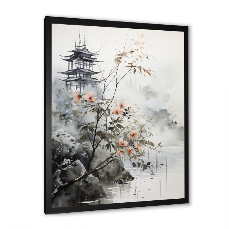 Art asiatique, oiseau Sumi, sérénité - impression, Cadre simple noir, H 32 po x l 24 po x P 1 po
