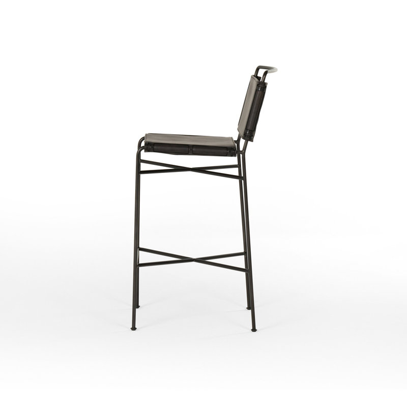 Wharton Bar Stool with Metal Frame, Black, Vegan Leather-Black, Counter Stool (26” Seat Height)