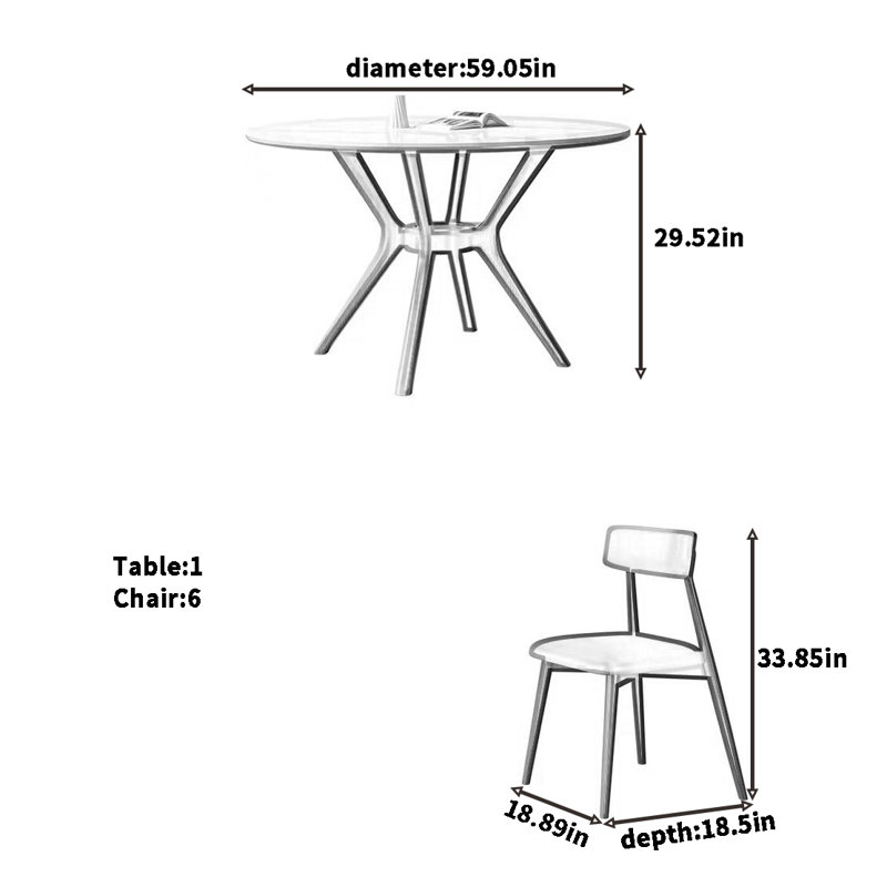 Combinaison de table ronde simplifiée, 7 pièces : table, 6 chaises, 29.52"H x 59.05"L x 59.05"W