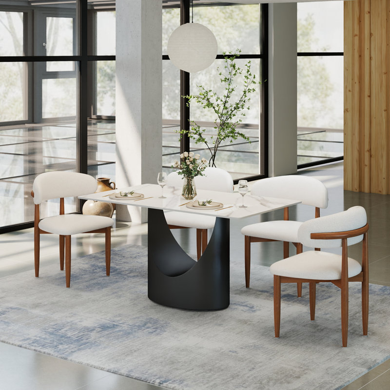 Fairy 5-Piece Modern Rectangular Sintered Stone Dining Table Set With 4 Solid Wood Chairs, Snow White