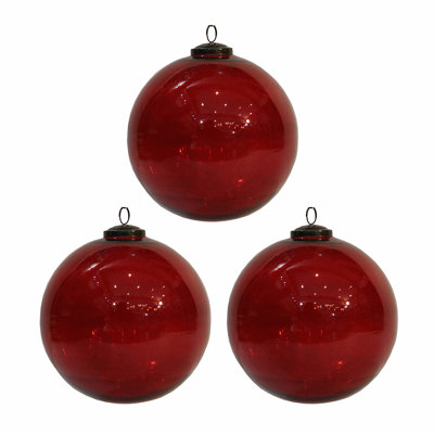 Set Of 3 Large 6-Inch Red Glass Ball Christmas Tree Ornaments