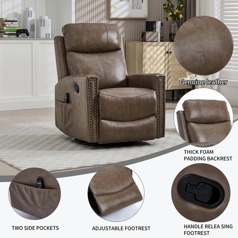 Fauteuil inclinable manuel en cuir véritable brun clair Camel avec fauteuil à bascule et pivotant pour le salon