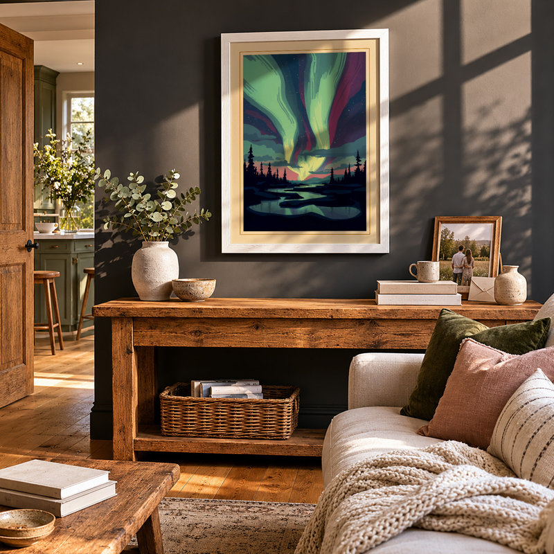 Aurora Over Silent Waters Scandinavian - Framed Print, A4 - 29.7 x 21.0 cm, White