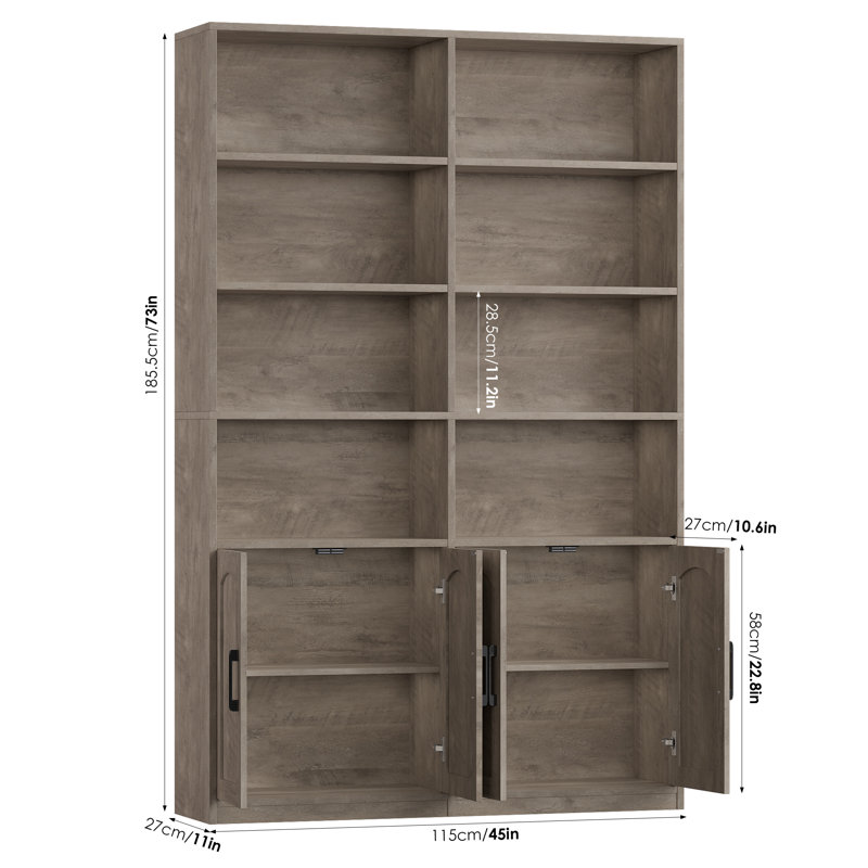 Bibliothèque standard en bois avec portes et 8 tablettes ouvertes Kirklyn, Gris délavé