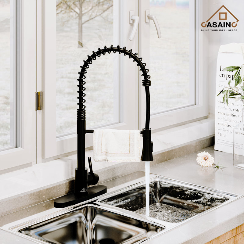 Spring Standard Kitchen Faucet with Dual-Function Spray Head and Deck Plate, Matte Black