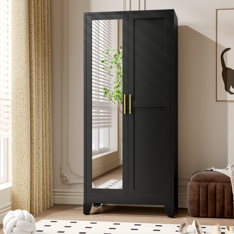 Armoire garde-robe en métal avec miroir noir et blanc, Noir, noir, noir, noir