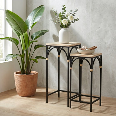 Claudette Set of 2 Rattan Accented Wood & Metal Side Tables