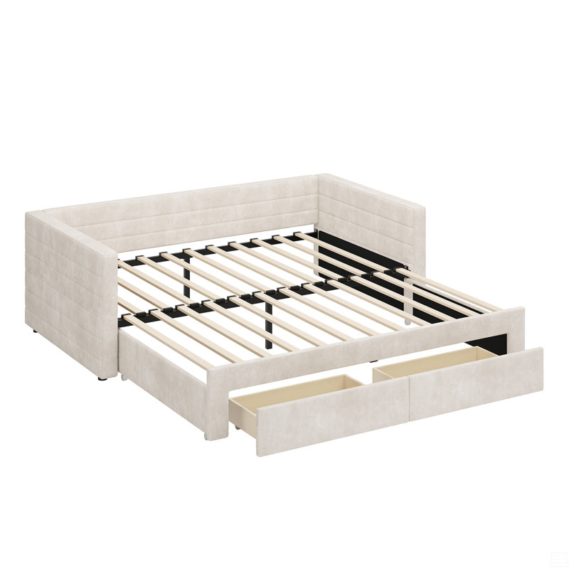 Structure de lit de jour rembourrée extensible avec lit gigogne, canapé-lit en chenille, Beige