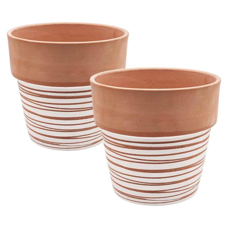 Standard Terracotta Swirl Pot - Set of 2 - 8.5"Dia. x 8" - Terracotta/White