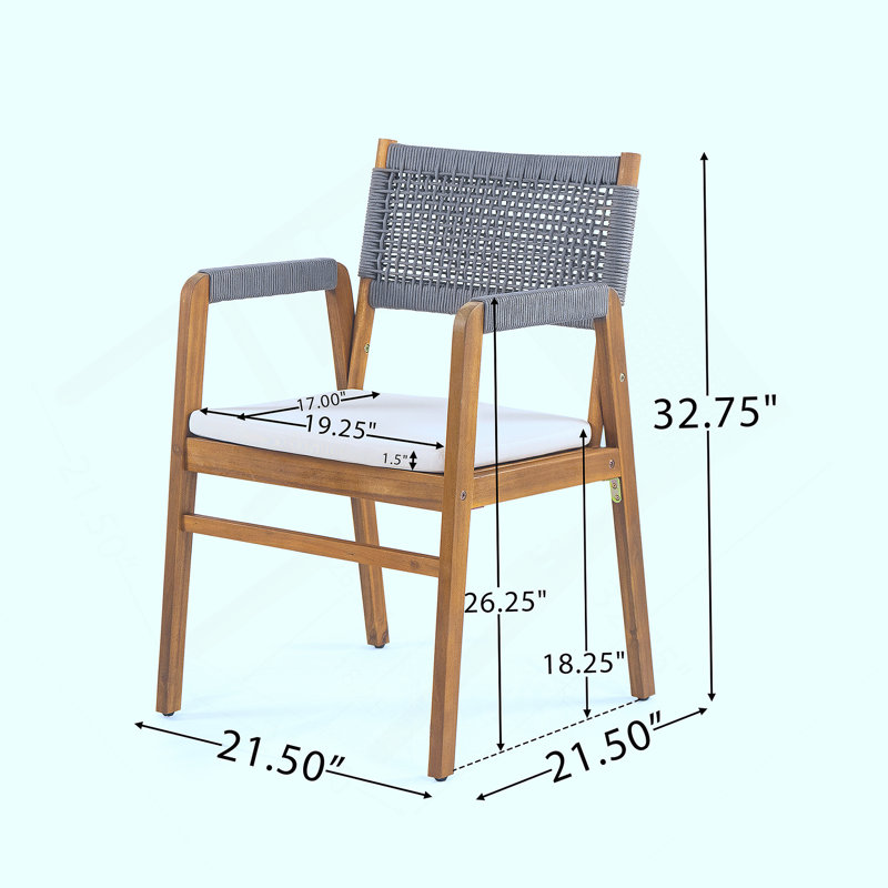 Ensemble de 2 fauteuils de salle à manger d'extérieur en bois avec coussin, Gris; teck