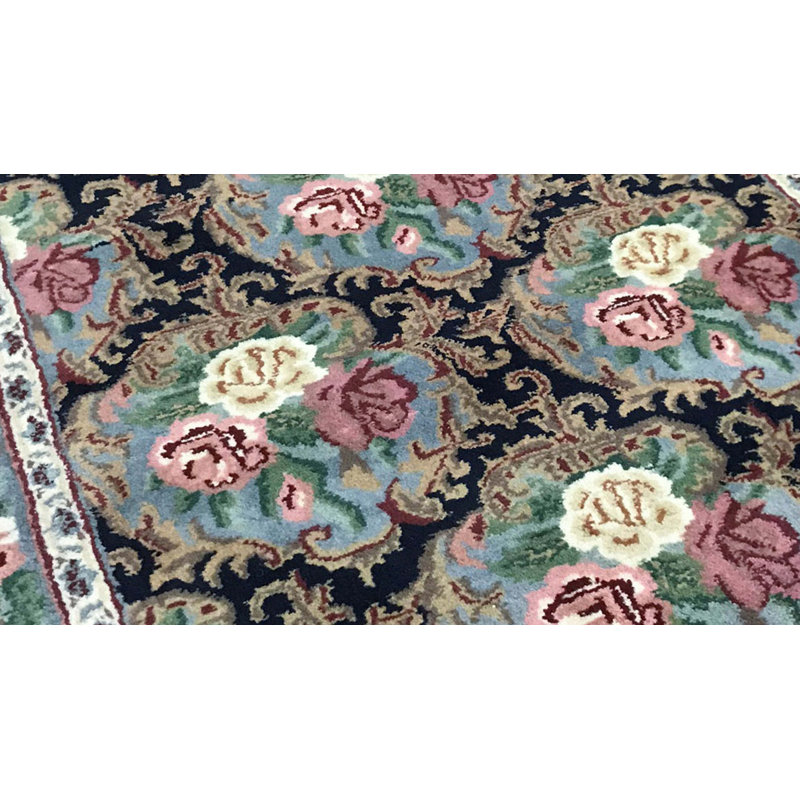 Tapis de couloir bleu / blanc / rose / vert noué à la main de haute qualité