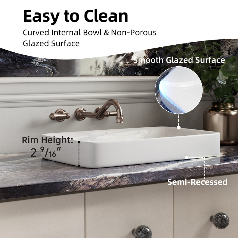 Glossy White Ceramic Rectangular Drop-In Bathroom Sink