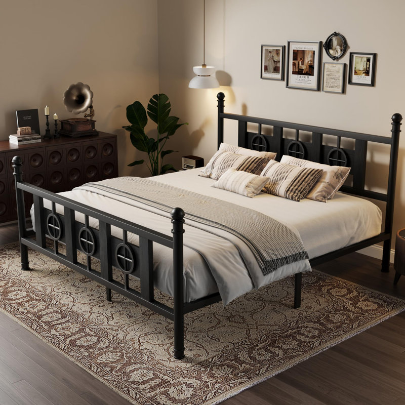 King Size Sturdy Metal Bed Frame with Vintage Circular Design with Headboard & Footboard – Ample Under Bed Storage,Noise-Free, No Box Spring Needed – Black