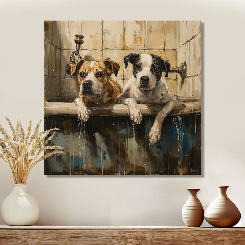 Deux chiens dans la baignoire - décoration murale pour salle de bain chien, Métal métal, H 36 po x l 36 po x P 1,5 po