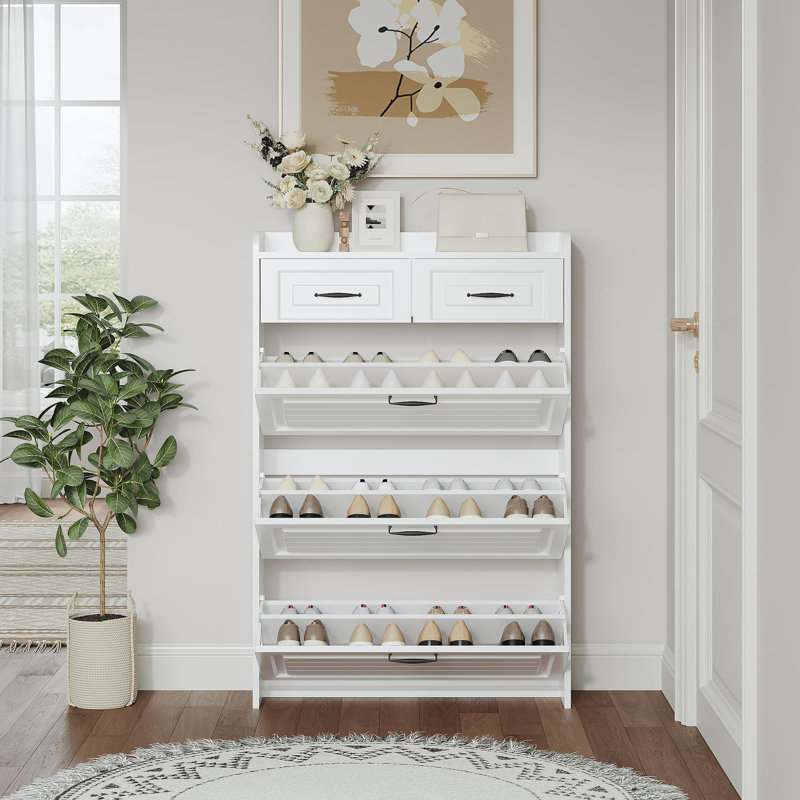 Armoire à chaussures 1250 de couleur blanche avec 3 portes et 2 tiroirs, grand espace de rangement