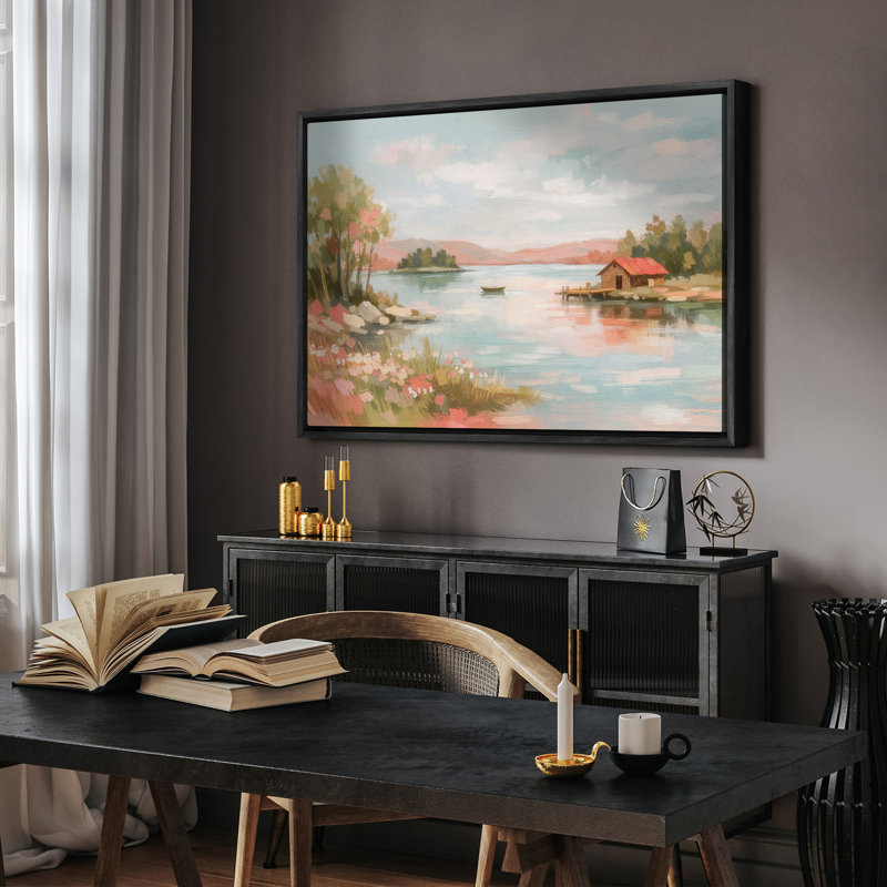 «Peaceful Lakeside Cottage with Boat Landscape», impression encadrée, H 16 po x l 24 po, Noir
