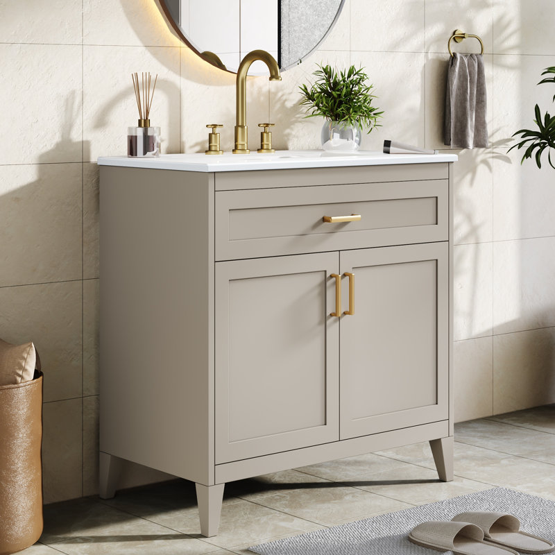 Meuble-lavabo moderne Yelton de 76 cm de large en bois avec lavabo en céramique, rangement à fermeture douce et tablette réglable pour salle de bain
