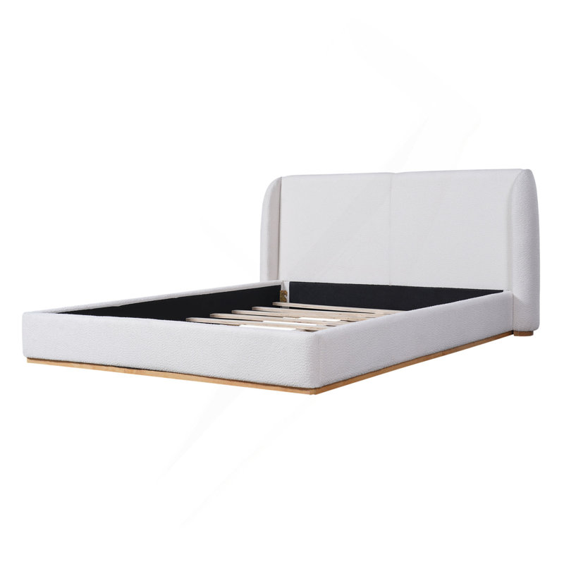 Très grande base de lit avec tête de lit tapissier à oreilles Boucle, base en bois, blanc