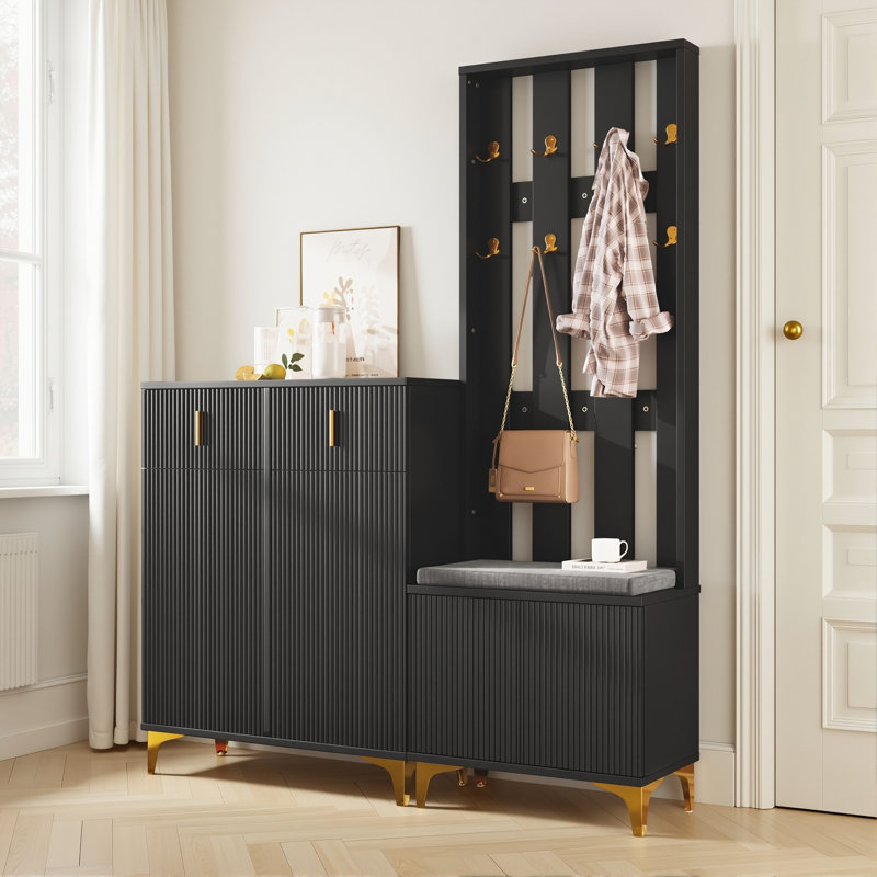 Hall Tree 144cm Wide with Bench and Shoe Storage, Black