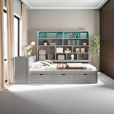 Lit de jour double en bois avec trois tiroirs, bureau, tablettes et lumières