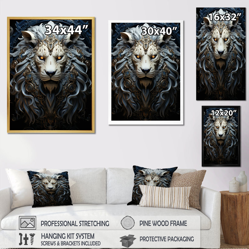«Lions Nocturnal Watch», reproduction sur toile, Cadre flottant noir, H 44 po x l 34 po x P 1,5 po