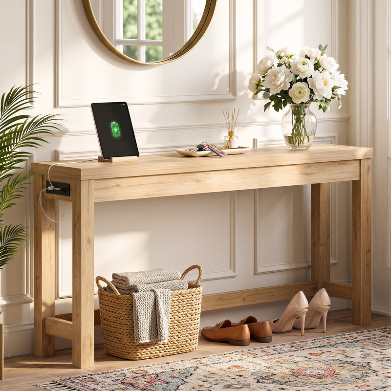 Console 63 pouces avec 3 prises, Naturel, Naturel