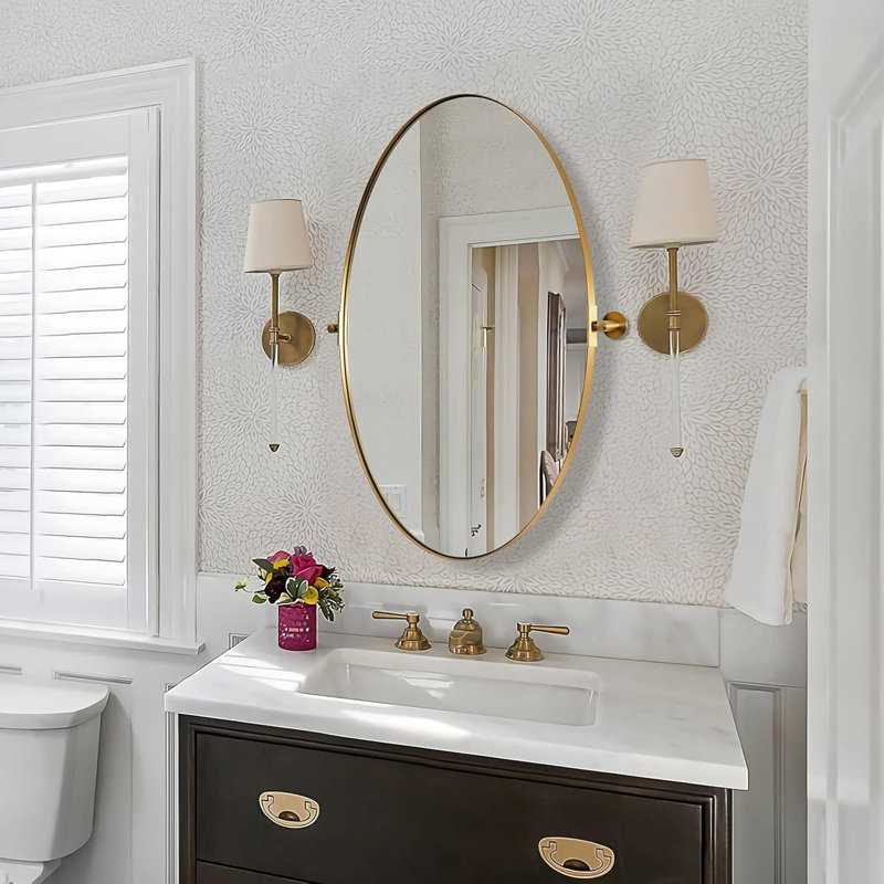 Miroir de salle de bain mural inclinable | Cadre pivotant réglable en acier inoxydable, Or brossé, 28 po x 20 po