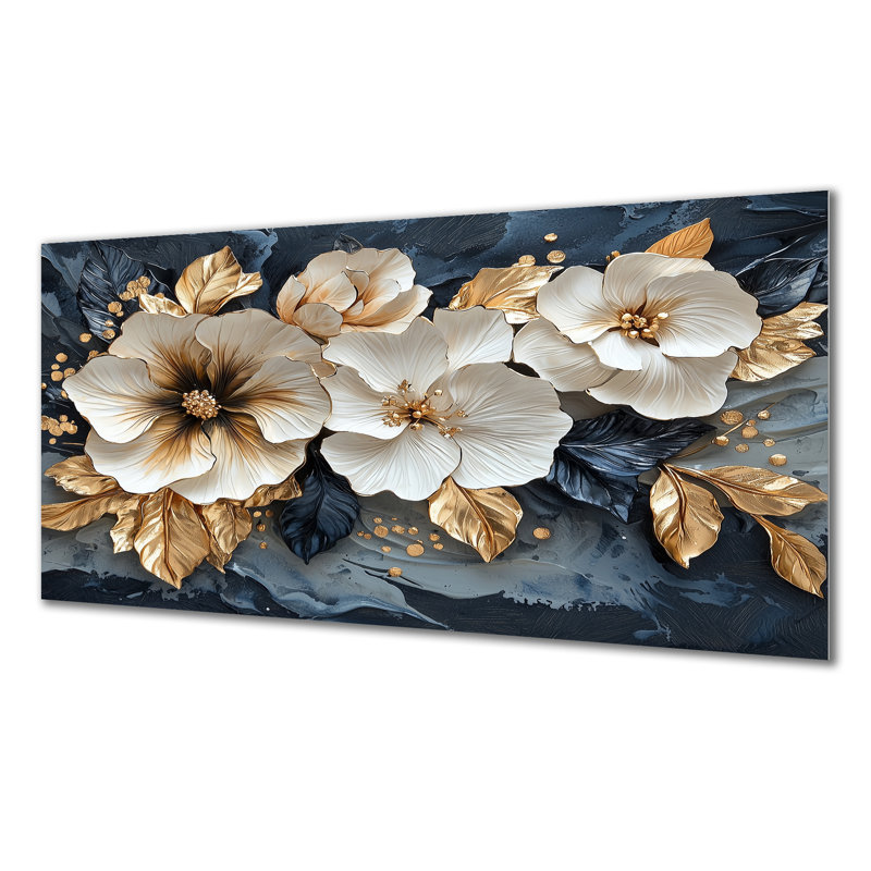 Goldem hibiscus liquide Art Harmony III - Hibiscus métal, impression sur métal traditionnelle, H 28 po x l 60 po