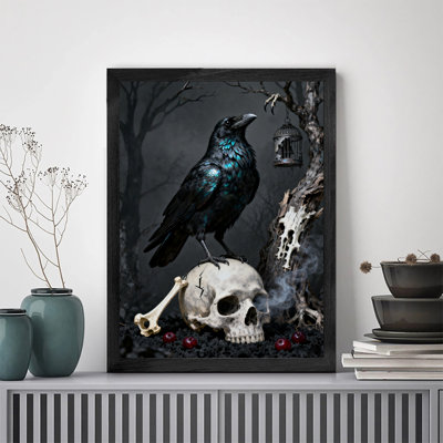 Art encadré noir, le mystérieux corbeau noir sur le crâne, impressions sur toile de style rétro