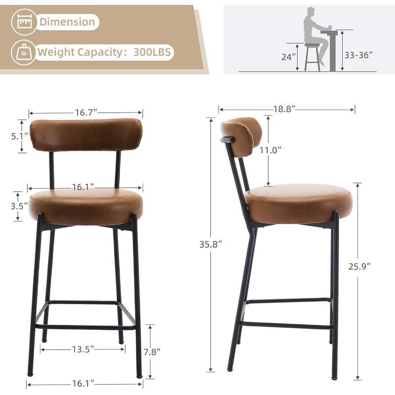 Ensemble de 2 tabourets de bar, chaises rembourrées avec dossier, Brun caramel