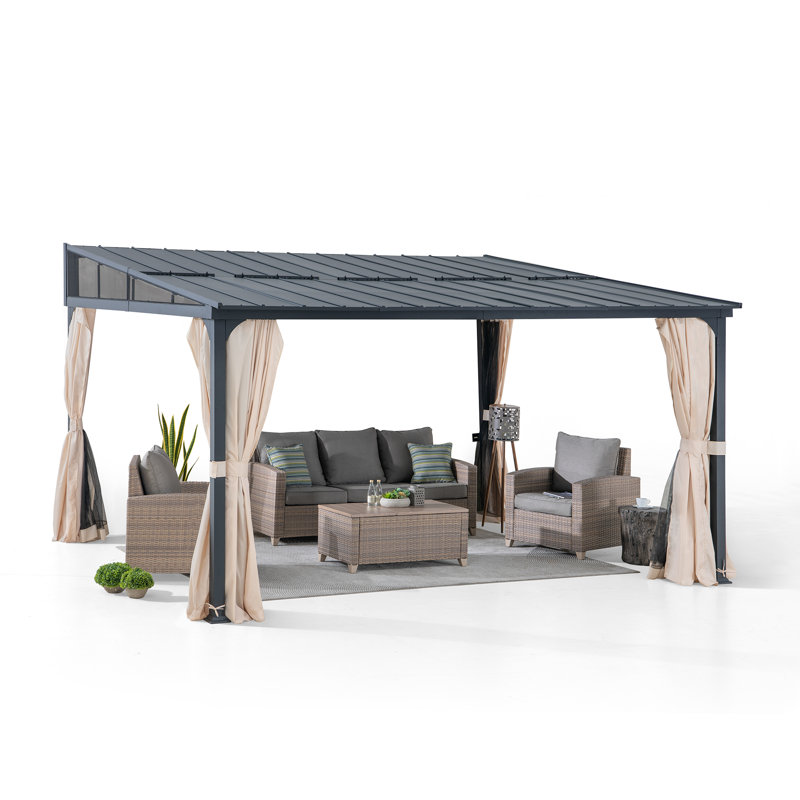 Sunjoy 12 x 14 ft Wall Mounted Gazebo with Powder Coated Steel Roof, Black Aluminum & Metal Frame Lean to Gazebo with Curtains and Netting