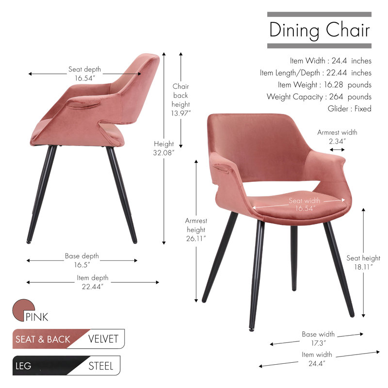 Shelton Velvet Dining Chair with Metal Legs, Pink