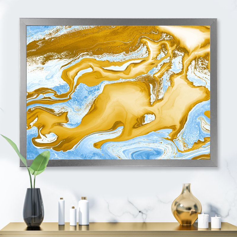 Vagues de marbre bleues et dorées - Peinture sur toile, H 16 po x l 32 po x P 1 po, Cadre photo argenté