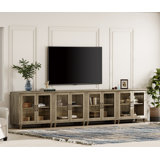 Farmhouse TV Stand For 75 Inch TV With 4 Glass Doors, Wood Universal TV Stand With 4 Storage Cabinets, Entertainment Center TV Console Table For Living Room, Bedroom, Wash Grey