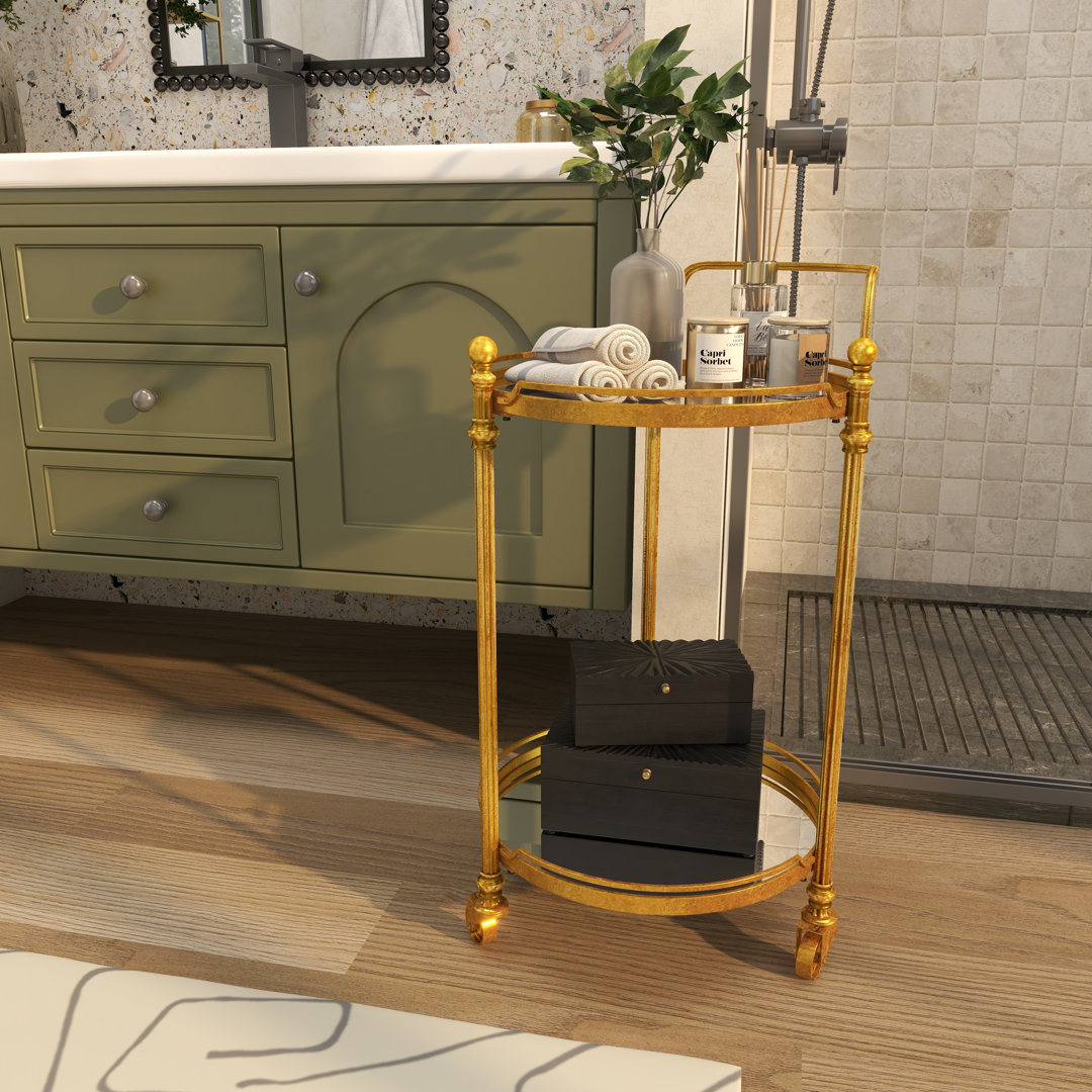 Crockett Brass Metal Rolling 2 Mirrored Shelves Bar Cart with Wheels and Handle 19" x 18" x 31" Breakwater Bay