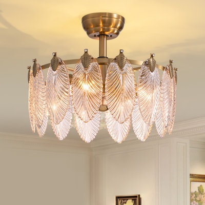 Ventilateur de plafond moderne intelligent de 50 cm (20 pouces) avec lustre en verre texturé doré et télécommande (ampoules non comprises).