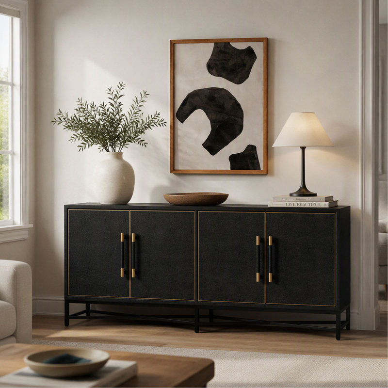 Buffet en cuir végan à motif galuchat avec pattes en laiton, meuble de rangement fini noir pour salle à manger et salon