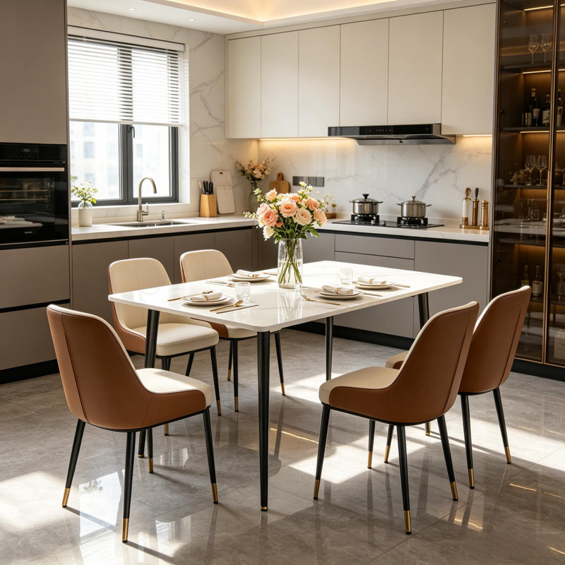 Funke Stone Top Metal Base Dining Table, Snow White