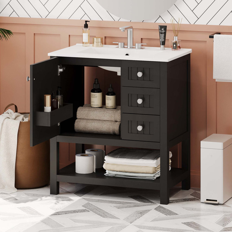 Armoire de meuble-lavabo de style transitionnel 30 po avec lavabo en céramique, Noir