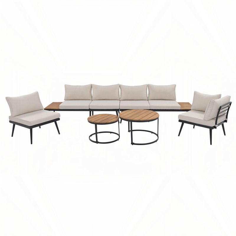  6-Piece Outdoor Sectional Sofa Set with Round Nesting Coffee Tables and Seating Sofa with Cushions for Patio, Porch and Garden