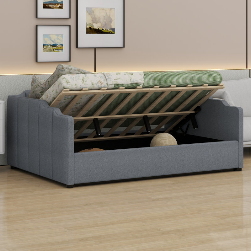 Lit de jour rembourré avec rangement inférieur, gris, Lit double