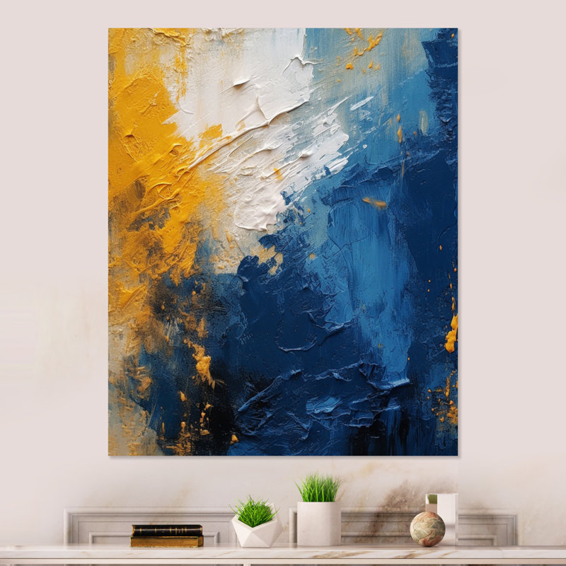 Décoration murale en métal bleu jaune et expressif I - formes abstraites, H 40 po x l 30 po